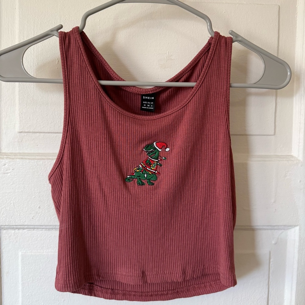 Burgundy Cropped Tank with Embroidered Dinosaur and Christmas lights